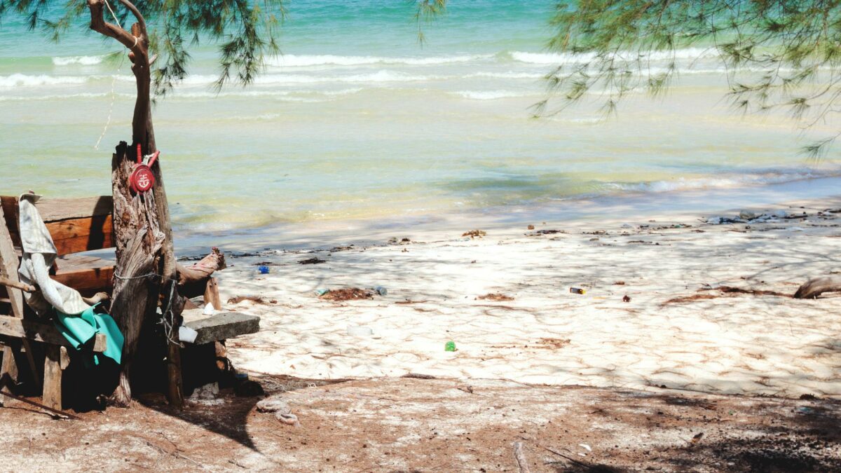 Garbage problem in Cambodia, trash on clear water bay Koh Rong Sanloem