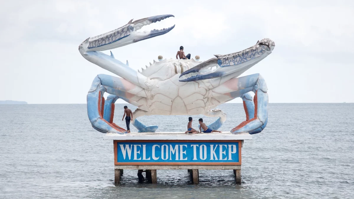 Giant Blue crab statue next to the Kep crab Market, Cambodia