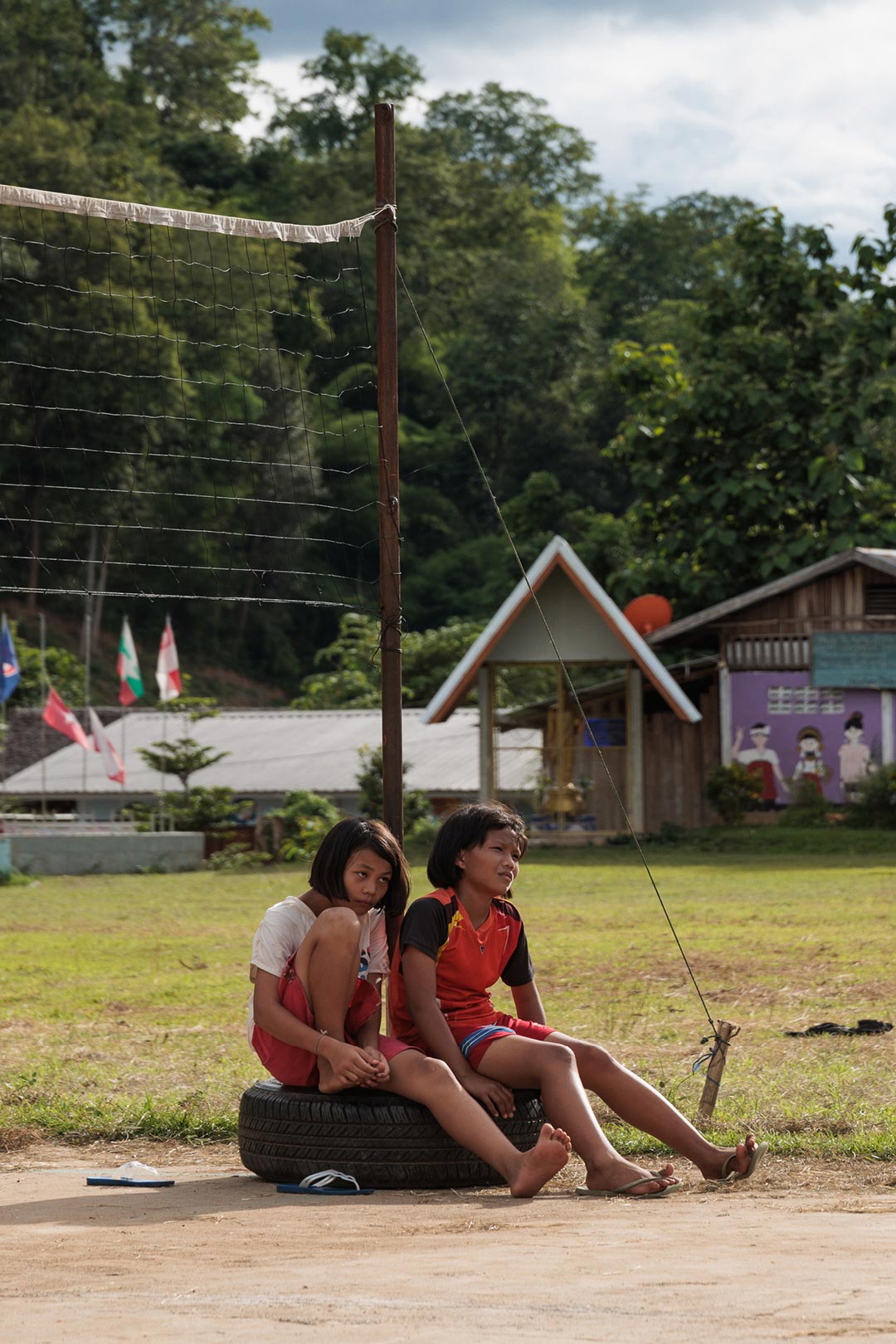 Karen tribe kids on the volley ball field - huay pu keng