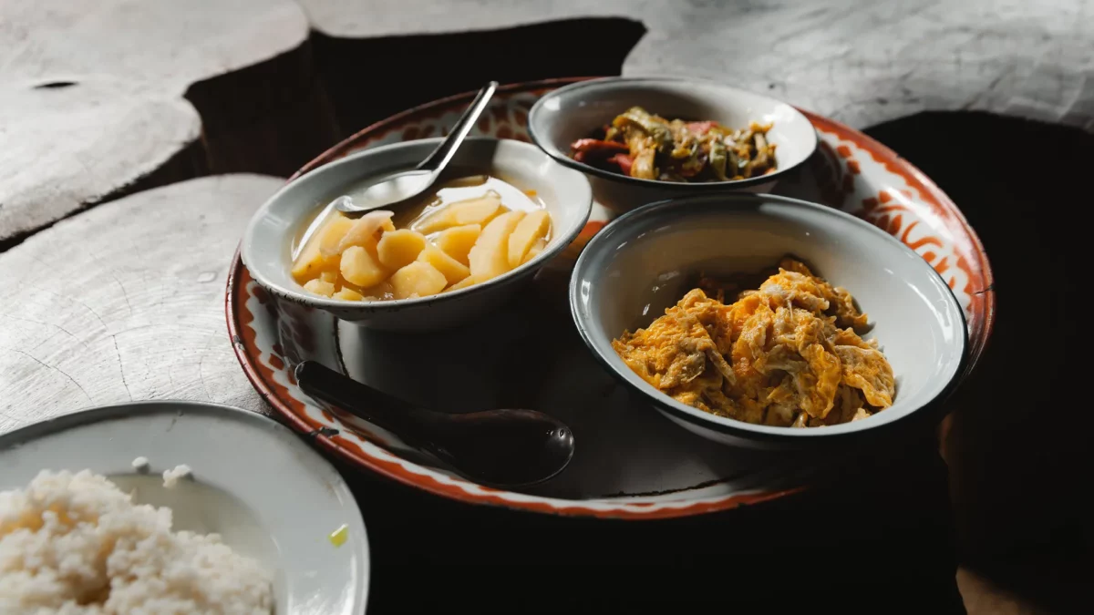 Burmese traditional food in an home stay of the Karen village Thailand