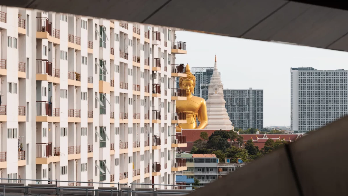 Wat Paknam Phasi Charoen giant Buddha in Bangkok Thailand, view from the metro station