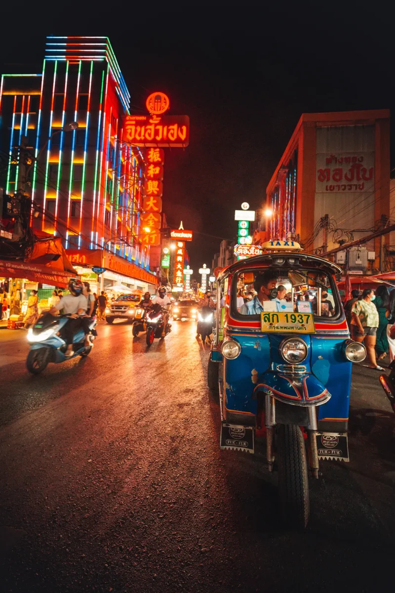 Thai Tuktuk in chinatown at night, Bangkok Thailand