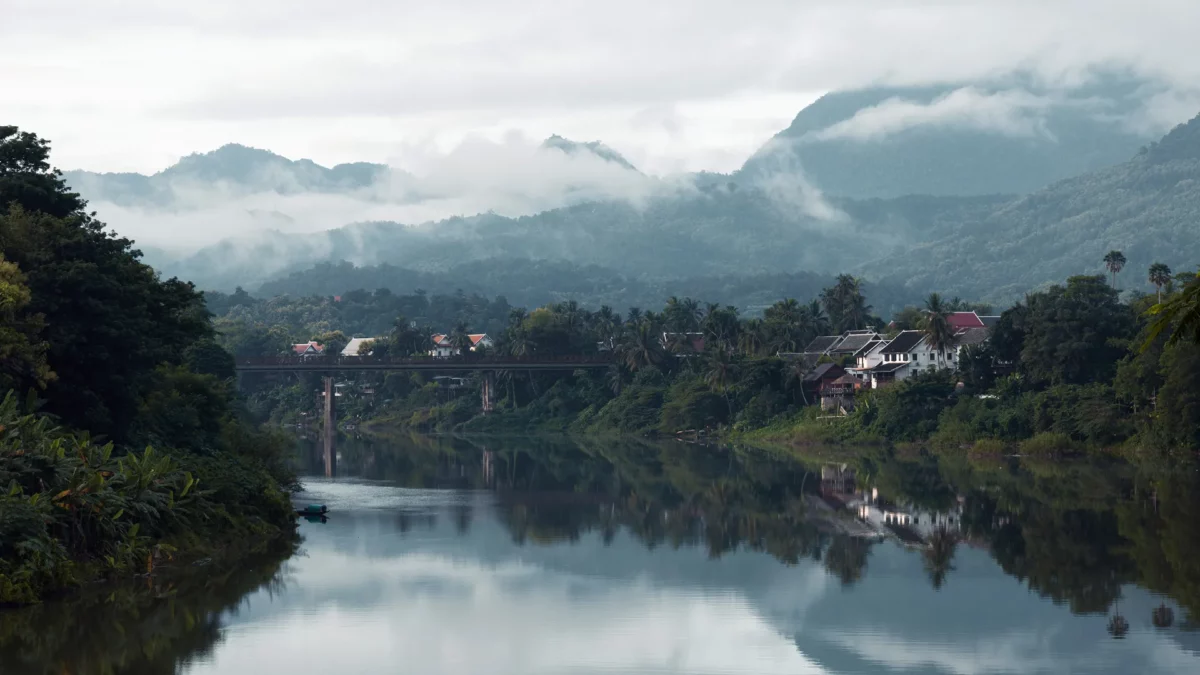 Nam Khan river and houses in Luang Prabang unesco site, Laos