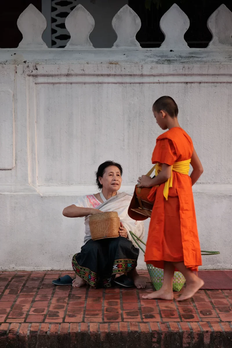 Monk recieving food during the alms ceremony in Luang Prabang, Laos