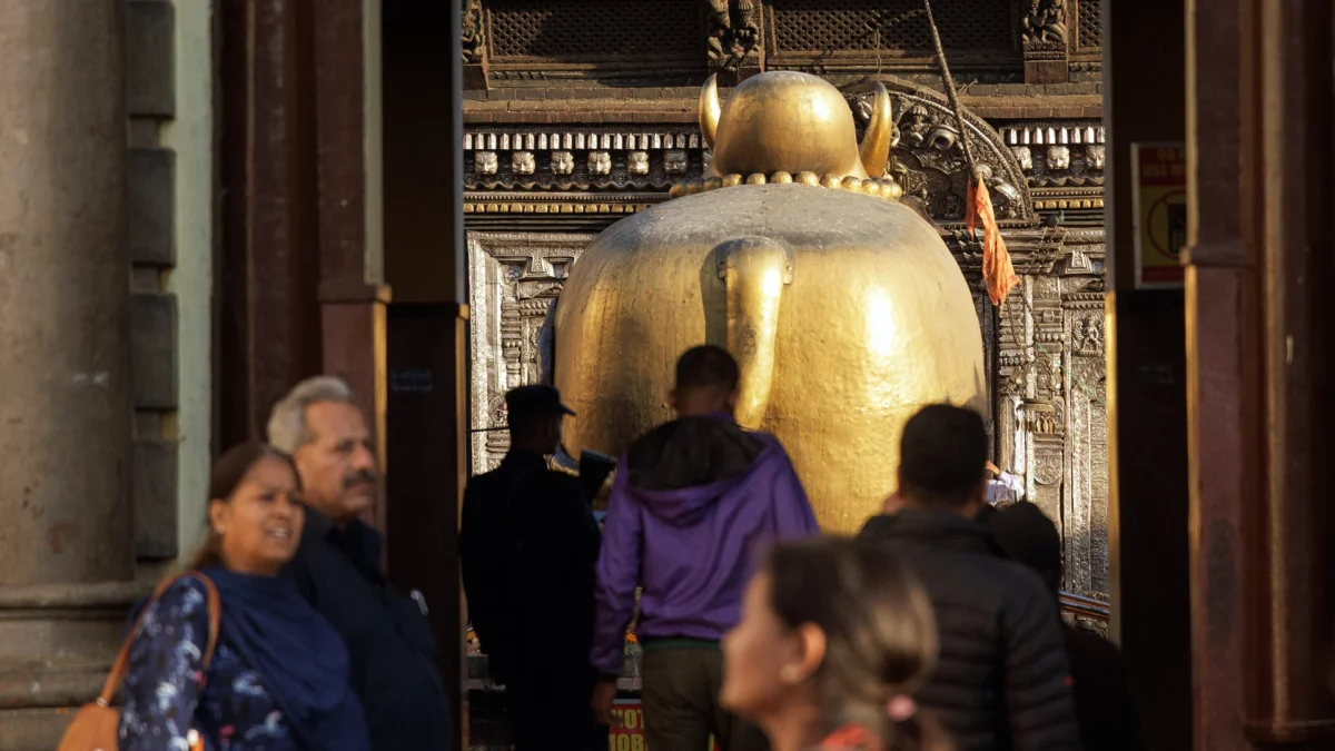 Massive gold cow in the entrance of Pashupatinath temple, in Nepal.