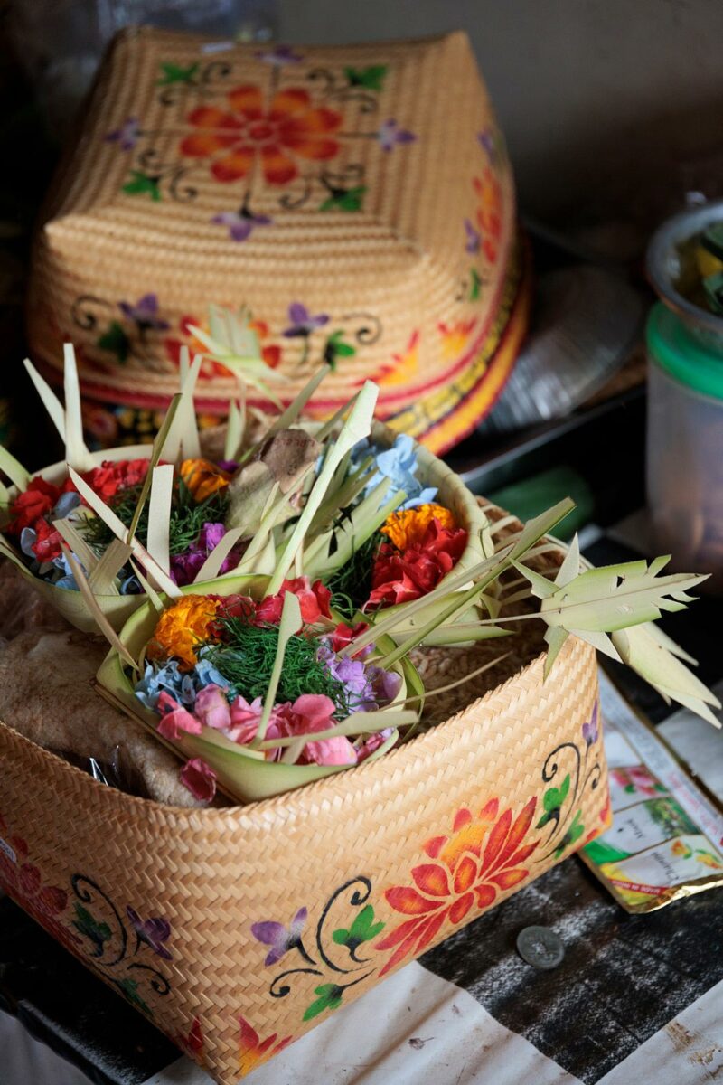 basket of hindu flower offering in Bali Indonesia