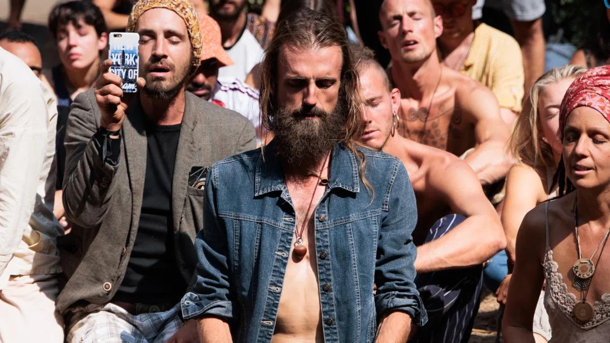 Meditation moment at the closing of the gathering of tribe, a regenerative festival in Portugal